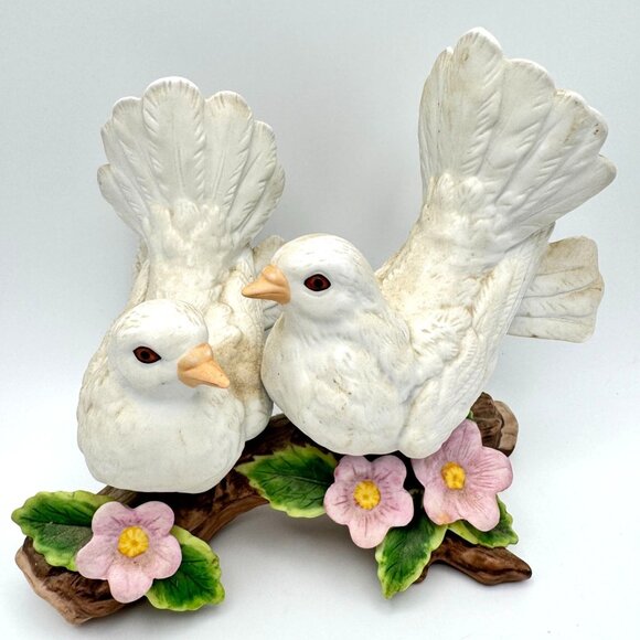 Homco Ceramic Courtship Love White Dove Birds Sitting on a Branch Figurine Vtg - Picture 1 of 13